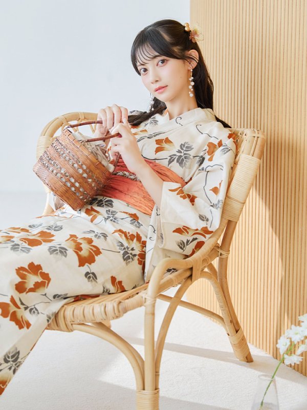 画像13: 【即日発送】橙色に花咲く蔓模様浴衣  【浴衣３点セット 浴衣/帯/下駄】[YMT] (13)