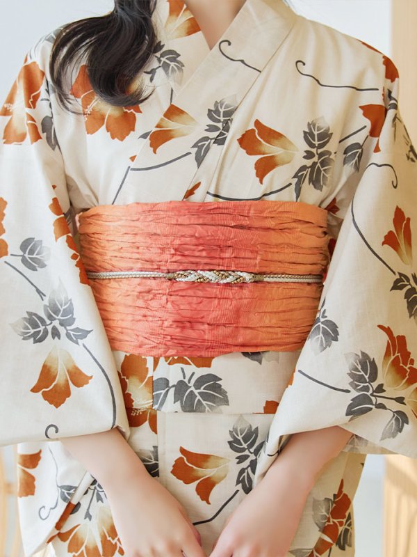 画像16: 【即日発送】橙色に花咲く蔓模様浴衣  【浴衣３点セット 浴衣/帯/下駄】[YMT] (16)