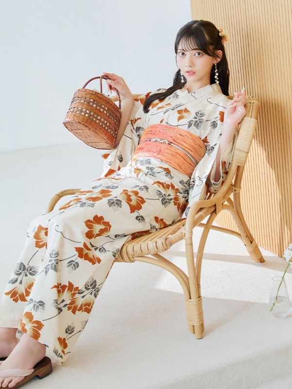 画像2: 【即日発送】橙色に花咲く蔓模様浴衣  【浴衣３点セット 浴衣/帯/下駄】[YMT] (2)