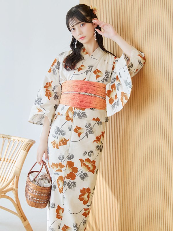 画像3: 【即日発送】橙色に花咲く蔓模様浴衣  【浴衣３点セット 浴衣/帯/下駄】[YMT] (3)
