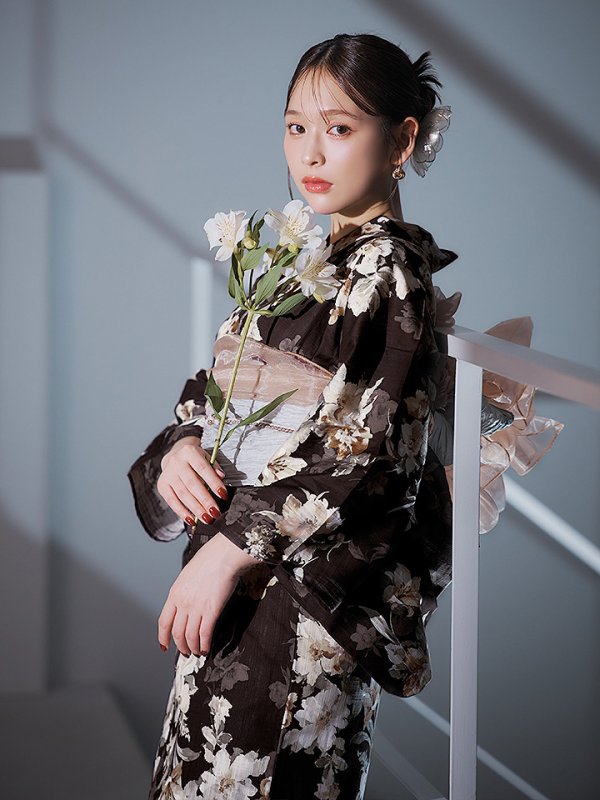 画像12: 【即日発送】ブラウン地の宵染牡丹浴衣  【浴衣３点セット 浴衣/帯/下駄】[YMT] (12)