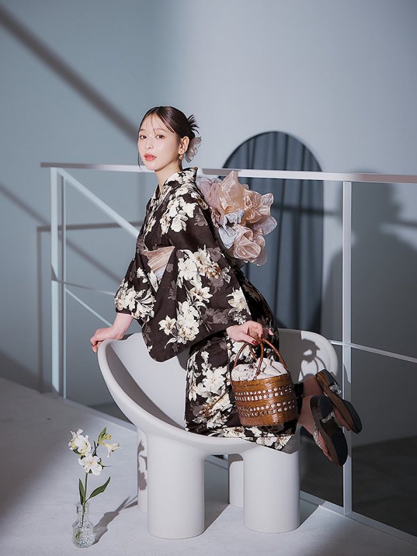 画像13: 【即日発送】ブラウン地の宵染牡丹浴衣  【浴衣３点セット 浴衣/帯/下駄】[YMT] (13)