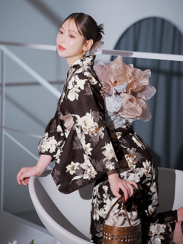 画像18: 【即日発送】ブラウン地の宵染牡丹浴衣  【浴衣３点セット 浴衣/帯/下駄】[YMT] (18)