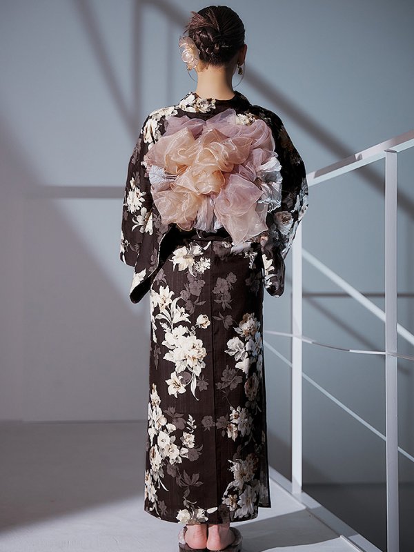 画像19: 【即日発送】ブラウン地の宵染牡丹浴衣  【浴衣３点セット 浴衣/帯/下駄】[YMT] (19)