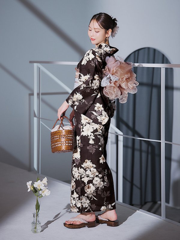 画像7: 【即日発送】ブラウン地の宵染牡丹浴衣  【浴衣３点セット 浴衣/帯/下駄】[YMT] (7)