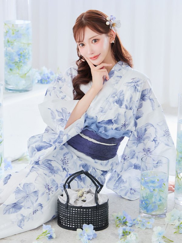 画像2: 【即日発送】モダンフラワー大人エレガント浴衣  【浴衣３点セット 浴衣/帯/下駄】[OF04] (2)