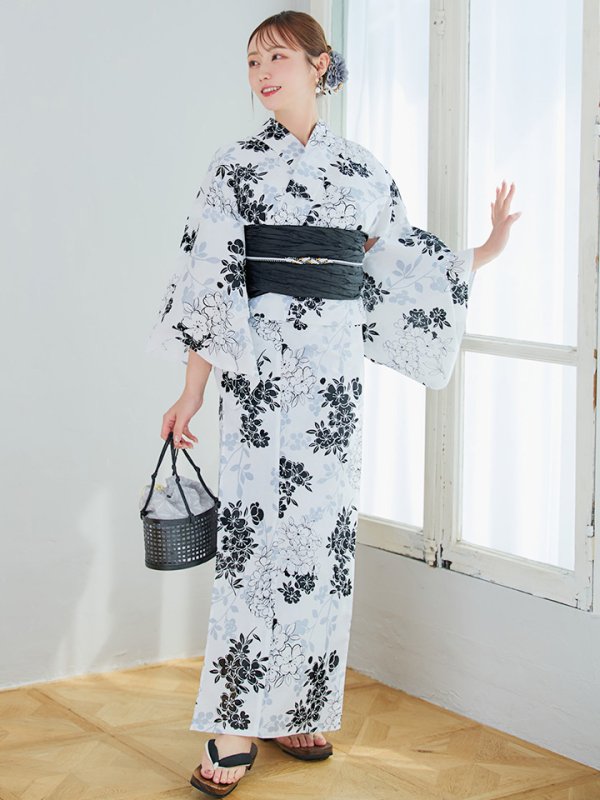 画像7: 【即日発送】ホワイトブラック桜柄浴衣 【浴衣3点セット 浴衣/帯/下駄】 [YMT] (7)