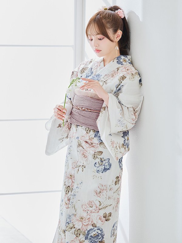 画像12: 【即日発送】フローラルピンクブルー浴衣  【浴衣３点セット 浴衣/帯/下駄】[YMT] (12)