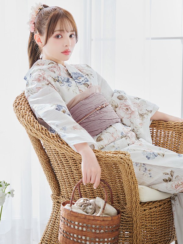 画像2: 【即日発送】フローラルピンクブルー浴衣  【浴衣３点セット 浴衣/帯/下駄】[YMT] (2)