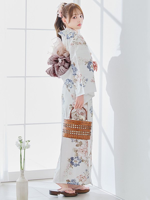 画像3: 【即日発送】フローラルピンクブルー浴衣  【浴衣３点セット 浴衣/帯/下駄】[YMT] (3)