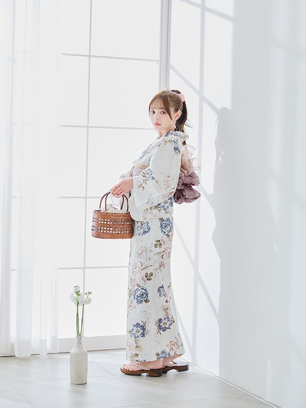 画像7: 【即日発送】フローラルピンクブルー浴衣  【浴衣３点セット 浴衣/帯/下駄】[YMT] (7)