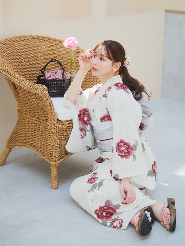 画像10: 【即日発送】白紅椿柄浴衣  【浴衣３点セット 浴衣/帯/下駄】[YMT] (10)