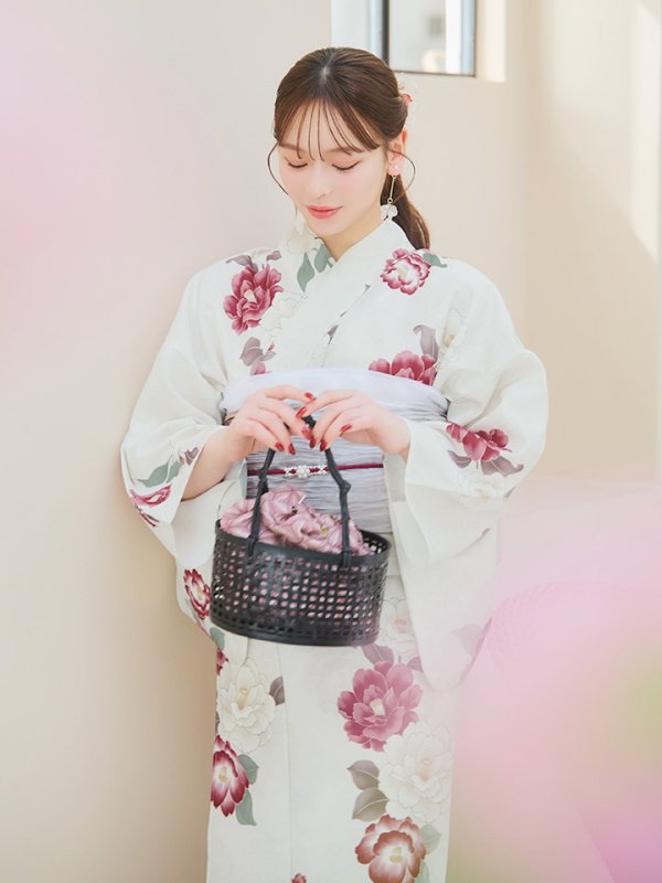 画像11: 【即日発送】白紅椿柄浴衣  【浴衣３点セット 浴衣/帯/下駄】[YMT] (11)