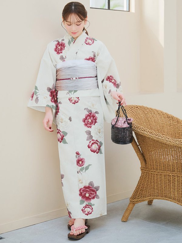 画像12: 【即日発送】白紅椿柄浴衣  【浴衣３点セット 浴衣/帯/下駄】[YMT] (12)