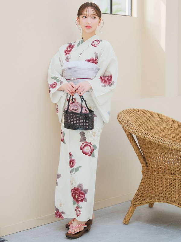画像7: 【即日発送】白紅椿柄浴衣  【浴衣３点セット 浴衣/帯/下駄】[YMT] (7)