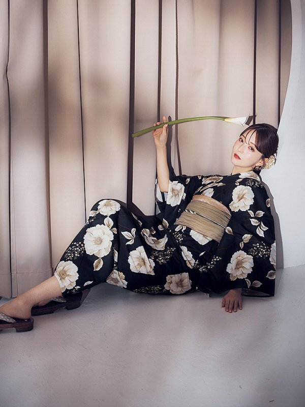 画像13: 【即日発送】ピオニーブラック花柄浴衣  【浴衣３点セット 浴衣/帯/下駄】[OF04] (13)