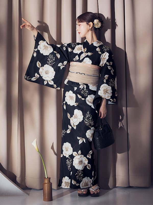 画像5: 【即日発送】ピオニーブラック花柄浴衣  【浴衣３点セット 浴衣/帯/下駄】[OF04] (5)