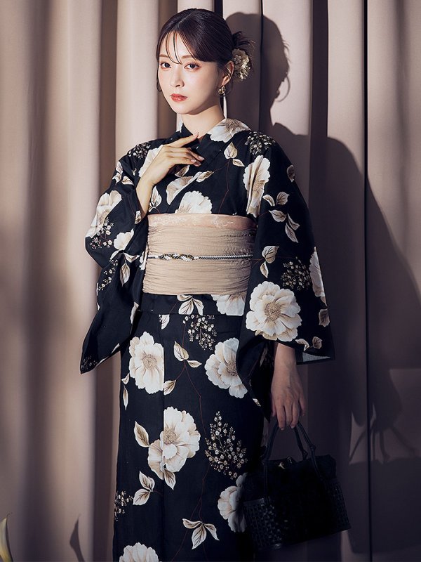 画像6: 【即日発送】ピオニーブラック花柄浴衣  【浴衣３点セット 浴衣/帯/下駄】[OF04] (6)