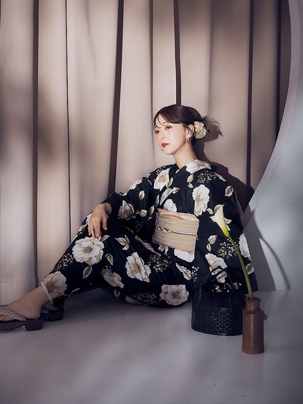 画像8: 【即日発送】ピオニーブラック花柄浴衣  【浴衣３点セット 浴衣/帯/下駄】[OF04] (8)