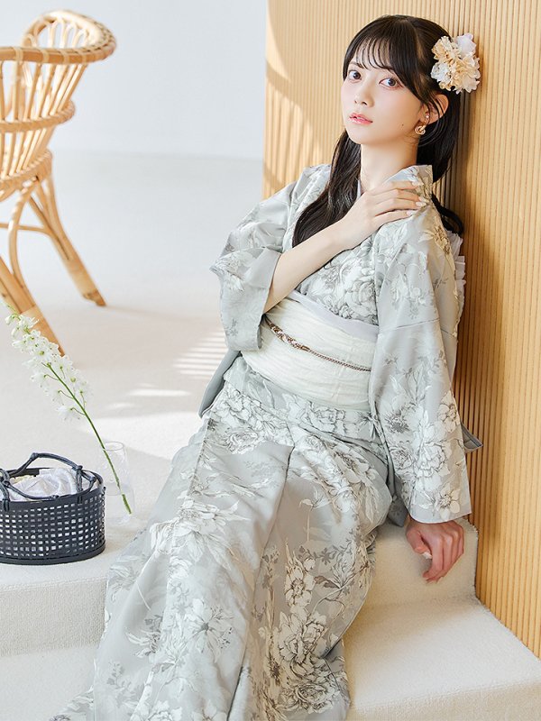 画像12: 【即日発送】クラシカルグレイッシュフラワー浴衣  【浴衣３点セット 浴衣/帯/下駄】[YMT] (12)