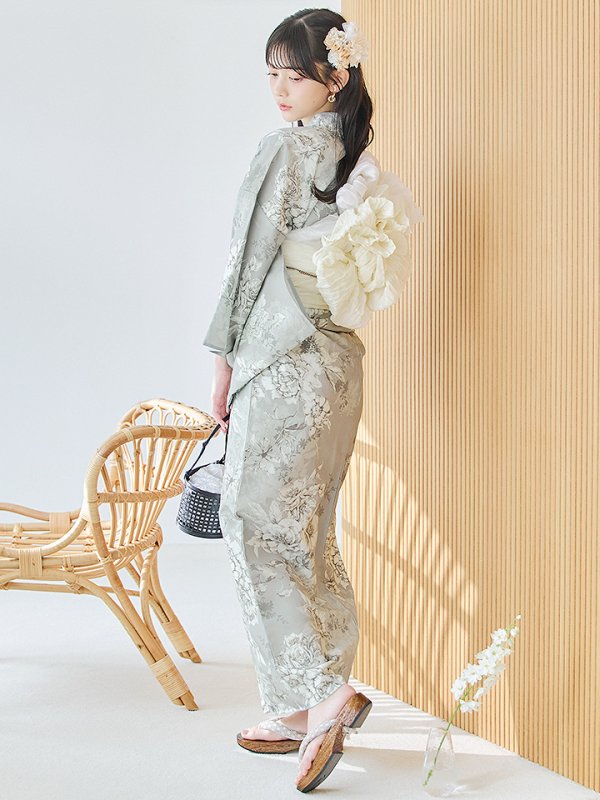 画像2: 【即日発送】クラシカルグレイッシュフラワー浴衣  【浴衣３点セット 浴衣/帯/下駄】[YMT] (2)