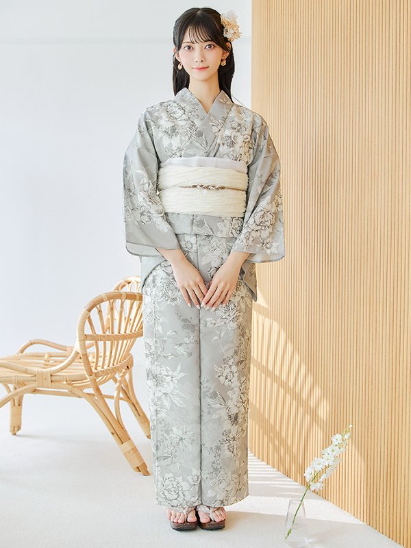 画像4: 【即日発送】クラシカルグレイッシュフラワー浴衣  【浴衣３点セット 浴衣/帯/下駄】[YMT] (4)