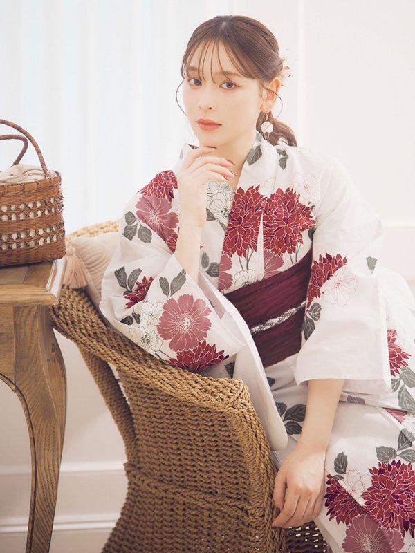 画像2: 【即日発送】紅色菊花柄浴衣  【浴衣３点セット 浴衣/帯/下駄】[OF04] (2)