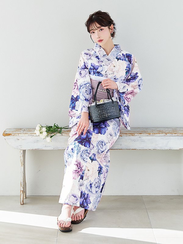 画像11: 【即日発送】【Riuコラボ】ブルーアイボリーピオニー浴衣  【浴衣３点セット 浴衣/帯/下駄】[OF04] (11)