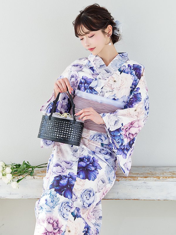 画像12: 【即日発送】【Riuコラボ】ブルーアイボリーピオニー浴衣  【浴衣３点セット 浴衣/帯/下駄】[OF04] (12)