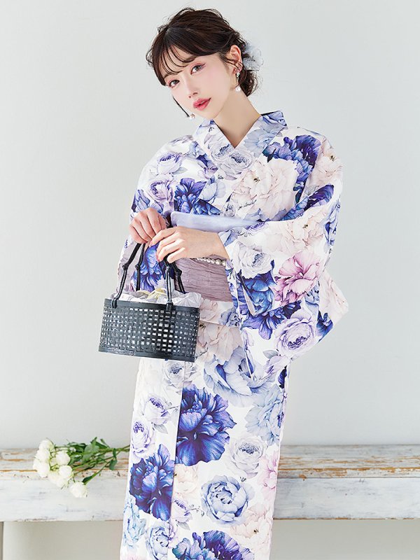 画像3: 【即日発送】【Riuコラボ】ブルーアイボリーピオニー浴衣  【浴衣３点セット 浴衣/帯/下駄】[OF04] (3)