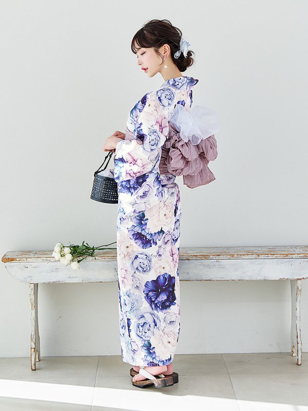 画像7: 【即日発送】【Riuコラボ】ブルーアイボリーピオニー浴衣  【浴衣３点セット 浴衣/帯/下駄】[OF04] (7)