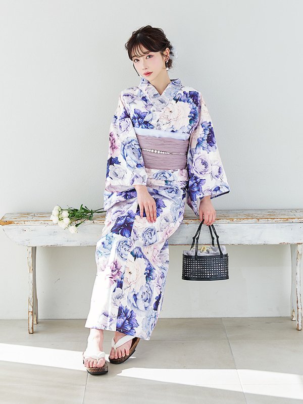 画像9: 【即日発送】【Riuコラボ】ブルーアイボリーピオニー浴衣  【浴衣３点セット 浴衣/帯/下駄】[OF04] (9)