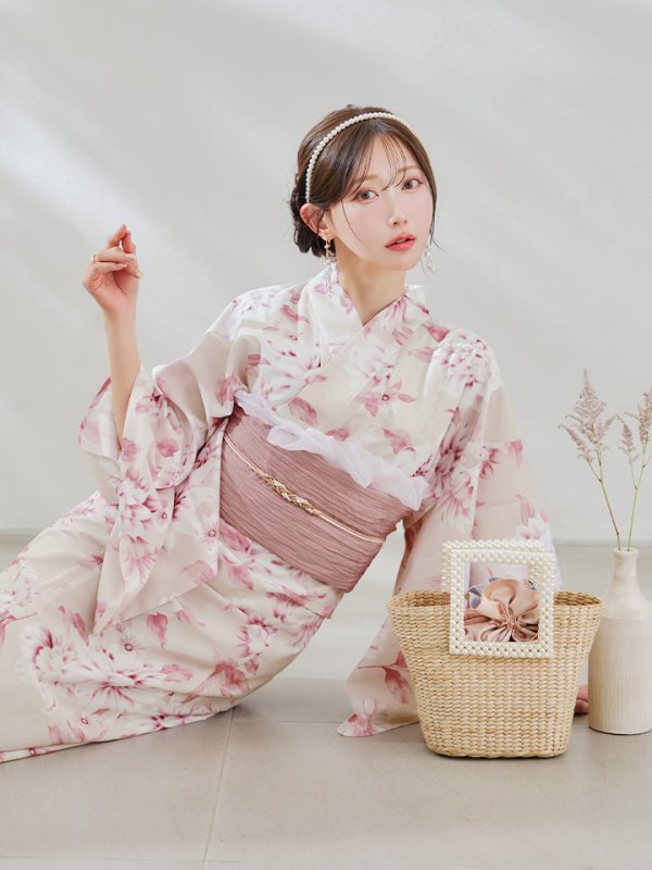画像14: 1人で簡単に着られる！ワンピース浴衣セット ピンクフラワー柄【浴衣4点セット ワンピース/トップス/帯/下駄】OBI-siwa-200-kj-8-P / HIMO-900-yn-8-P / HEKO-800-sb-5-W / YA-1079-kj-7-W / GETA-01-kj-7-P/ [YMT] (14)