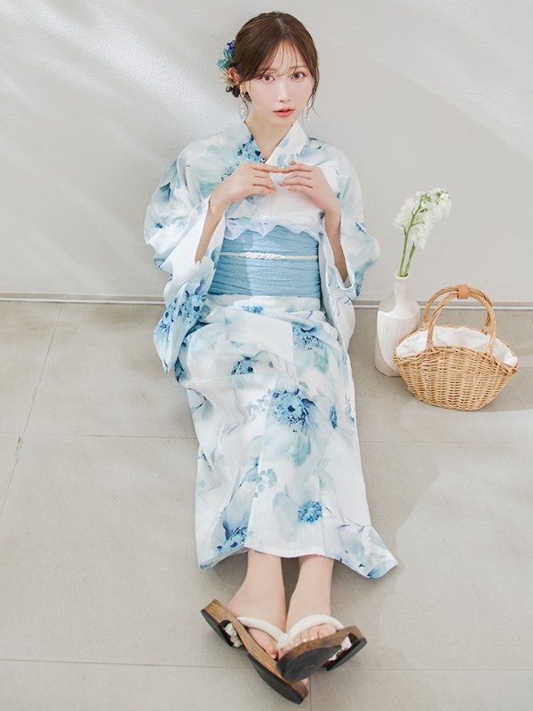 画像12: 【即日発送】セパレート水彩フラワー浴衣 【浴衣4点セット トップス/スカート/帯/下駄】 [OF04] (12)