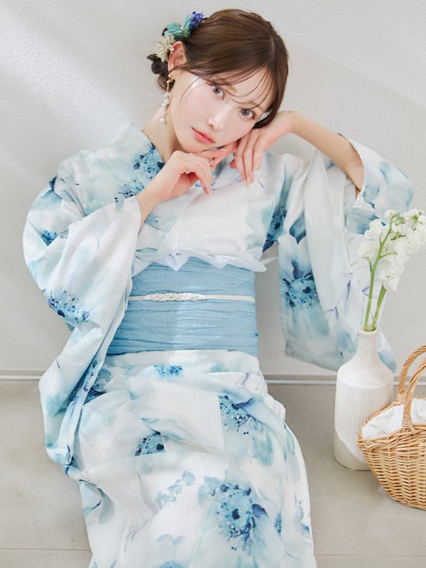画像13: 【即日発送】セパレート水彩フラワー浴衣 【浴衣4点セット トップス/スカート/帯/下駄】 [OF04] (13)