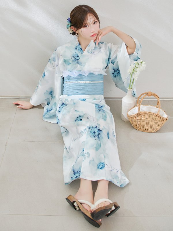 画像2: 【即日発送】セパレート水彩フラワー浴衣 【浴衣4点セット トップス/スカート/帯/下駄】 [OF04] (2)