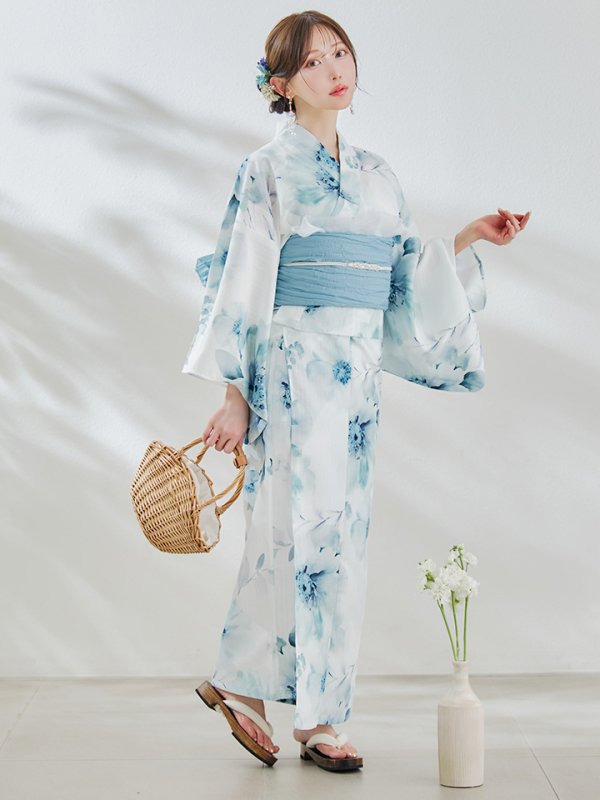 画像5: 【即日発送】セパレート水彩フラワー浴衣 【浴衣4点セット トップス/スカート/帯/下駄】 [OF04] (5)