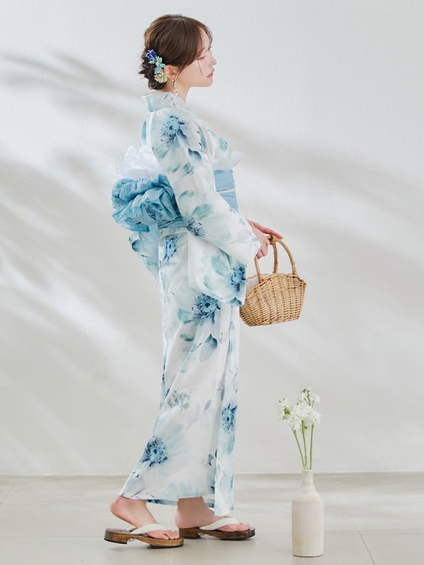 画像7: 【即日発送】セパレート水彩フラワー浴衣 【浴衣4点セット トップス/スカート/帯/下駄】 [OF04] (7)