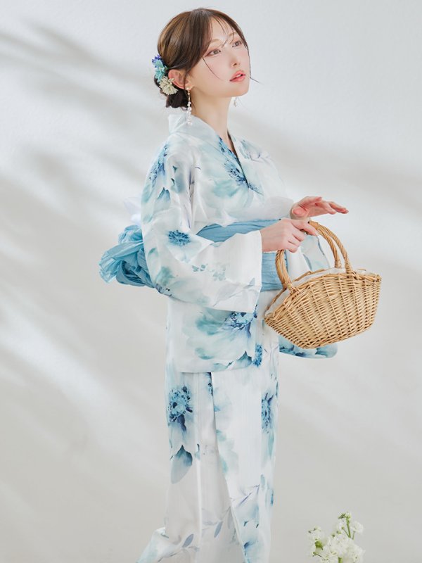 画像8: 【即日発送】セパレート水彩フラワー浴衣 【浴衣4点セット トップス/スカート/帯/下駄】 [OF04] (8)