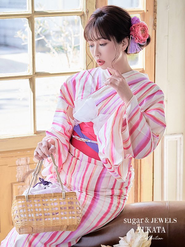 画像2: 【即日発送】【アウトレット】【浴衣】クリーム地xストライプ模様浴衣セット[HC02] (2)