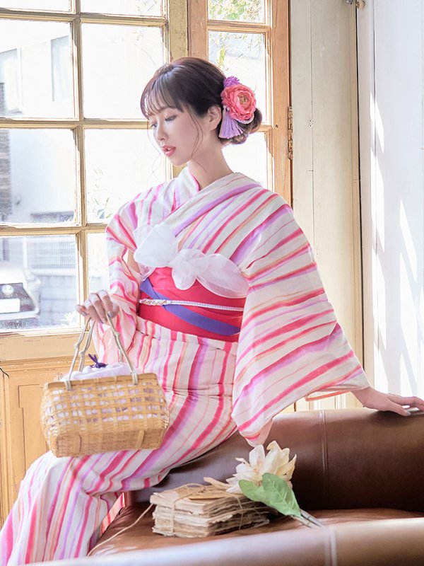 画像6: 【即日発送】【アウトレット】【浴衣】クリーム地xストライプ模様浴衣セット[HC02] (6)