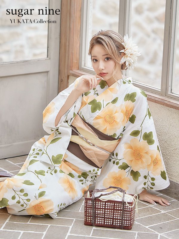 画像2: 【即日発送】【浴衣セール！】【浴衣】白地に黄色い花浴衣セット【浴衣３点セット浴衣/帯/下駄】【YMT】 (2)