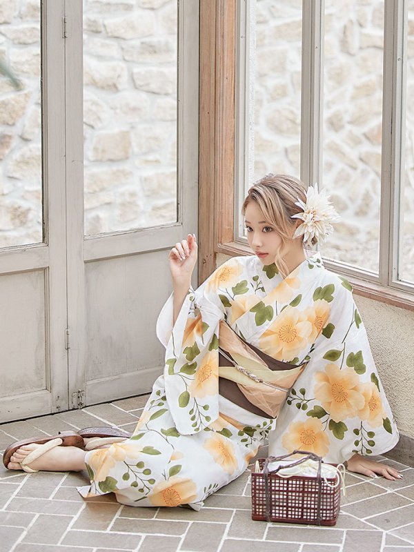 画像10: 【即日発送】【浴衣セール！】【浴衣】白地に黄色い花浴衣セット【浴衣３点セット浴衣/帯/下駄】【YMT】 (10)