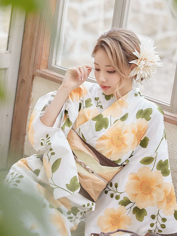 画像6: 【即日発送】【浴衣セール！】【浴衣】白地に黄色い花浴衣セット【浴衣３点セット浴衣/帯/下駄】【YMT】 (6)