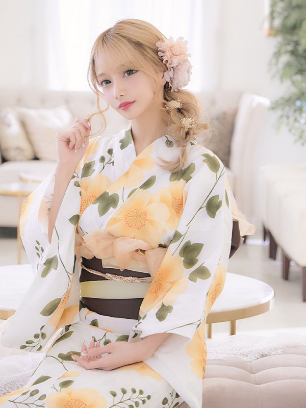 画像10: 【即日発送】【浴衣セール！】【浴衣】白地に黄色い花浴衣セット【浴衣３点セット浴衣/帯/下駄】[OF04] (10)