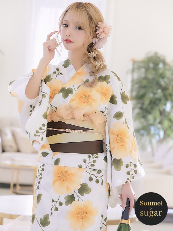 画像2: 【即日発送】【浴衣セール！】【浴衣】白地に黄色い花浴衣セット【浴衣３点セット浴衣/帯/下駄】[OF04] (2)