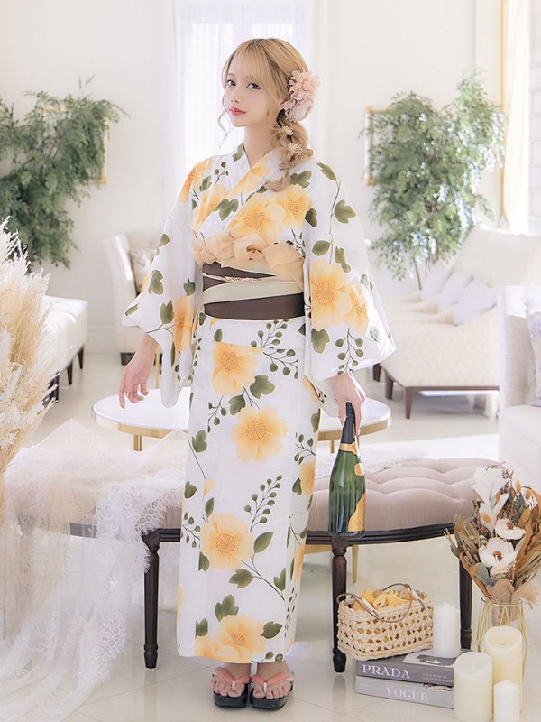 画像4: 【即日発送】【浴衣セール！】【浴衣】白地に黄色い花浴衣セット【浴衣３点セット浴衣/帯/下駄】[OF04] (4)