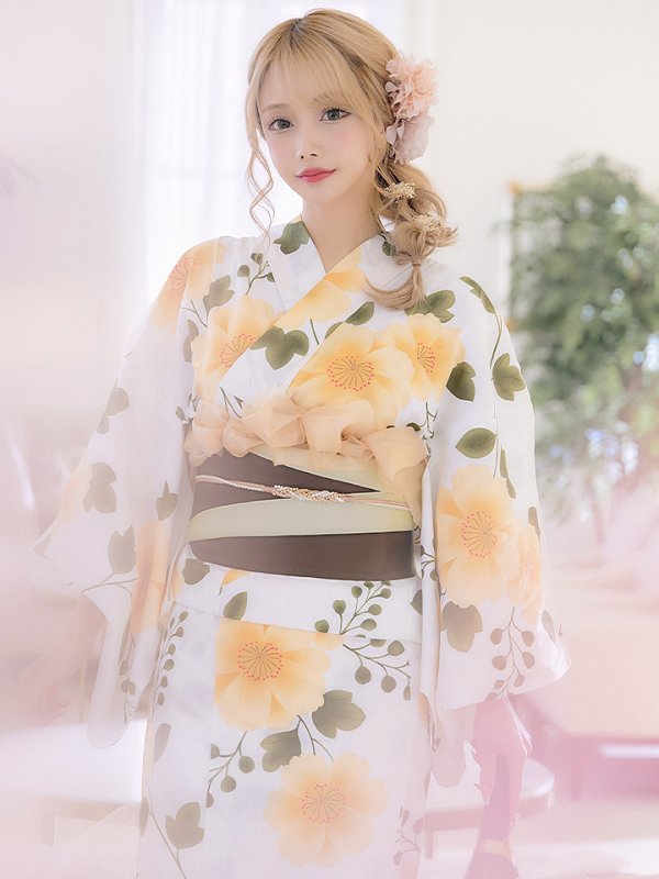 画像7: 【即日発送】【浴衣セール！】【浴衣】白地に黄色い花浴衣セット【浴衣３点セット浴衣/帯/下駄】[OF04] (7)
