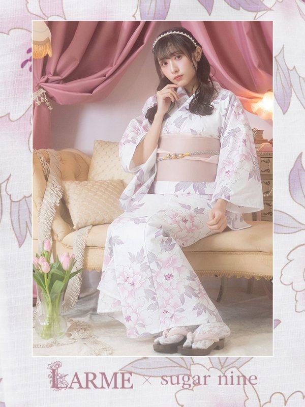 画像1: 【即日発送！】白地×淡い牡丹模様のモダン浴衣セット 【浴衣３点セット 浴衣/帯/下駄】[YMT] (1)