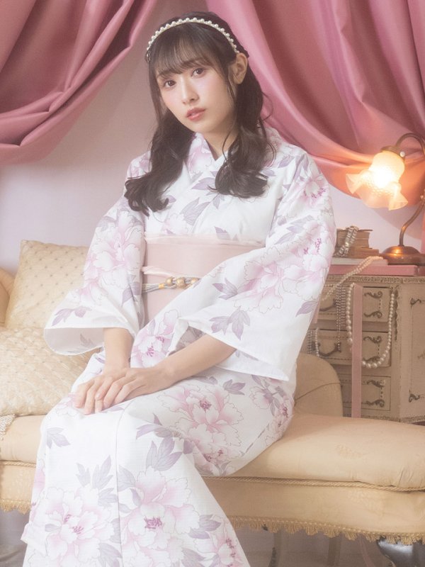 画像10: 【即日発送！】白地×淡い牡丹模様のモダン浴衣セット 【浴衣３点セット 浴衣/帯/下駄】[YMT] (10)